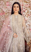 FRONT: 1 Meter Crinkle Chiffon - Embroided  BACK: 1 Meter Crinkle Chiffon - Embroided  SLEEVES: 0.75 Meter Crinkle Chiffon - Embroided  FRONT OPEN GOWN BORDER: 2.5 Meter Organza - Embroided  FRONT/ BACK BORDER: 2 Meter Organza  FRONT/ BACK BORDER: 2 Meter Organza - Embroided  SLEEVES/ TROUSER BORDER: 2 Meter Organza - Embroided  DUPATTA: 2.5 Meter Organza - Foil Print  TROUSER: 2.5 Meter Raw Silk