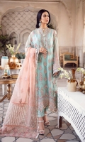 FRONT: 1 Meter Crinkle Chiffon - Embroided  BACK: 1 Meter Crinkle Chiffon - Embroided  SLEEVES: 0.75 Meter Crinkle Chiffon - Embroided  NECKLINE: 1 Patch - Embroided  FRONT/ BACK BORDER: 2 Meter Organza - Embroided  FRONT/ BACK/ SLEEVES BORDER: 3 Meter Organza - Embroided  DUPATTA BORDER:  OPTION 1: 2.5 Meter Organza  OPTION 2: 2.5 Meter Organza  DUPATTA BORDER FOUR SIDED: 6 Meter Organza - Embroided  TROUSER: 2.5 Meter Raw Silk  TROUSER PATCH: 1 Meter Organza - Embroided