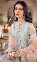 FRONT: 1 Meter Crinkle Chiffon - Embroided  BACK: 1 Meter Crinkle Chiffon - Embroided  SLEEVES: 0.75 Meter Crinkle Chiffon - Embroided  NECKLINE: 1 Patch - Embroided  FRONT/ BACK BORDER: 2 Meter Organza - Embroided  FRONT/ BACK/ SLEEVES BORDER: 3 Meter Organza - Embroided  DUPATTA BORDER:  OPTION 1: 2.5 Meter Organza  OPTION 2: 2.5 Meter Organza  DUPATTA BORDER FOUR SIDED: 6 Meter Organza - Embroided  TROUSER: 2.5 Meter Raw Silk  TROUSER PATCH: 1 Meter Organza - Embroided