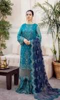 FRONT: 1 Meter Crinkle Chiffon - Embroided  BACK: 1 Meter Crinkle Chiffon - Embroided  SLEEVES: 0.75 Meter Crinkle Chiffon - Embroided  FRONT/ BACK PATCH: 2 Meter Organza - Embroided  SLEEVES BORDER: 1 Meter Organza - Embroided  DUPATTA: 2.5 Meter Net - Embroided  DUPATTA BORDER: 2.5 Meter Organza - Embroided  TROUSER: Raw Silk - Block Print