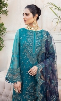 FRONT: 1 Meter Crinkle Chiffon - Embroided  BACK: 1 Meter Crinkle Chiffon - Embroided  SLEEVES: 0.75 Meter Crinkle Chiffon - Embroided  FRONT/ BACK PATCH: 2 Meter Organza - Embroided  SLEEVES BORDER: 1 Meter Organza - Embroided  DUPATTA: 2.5 Meter Net - Embroided  DUPATTA BORDER: 2.5 Meter Organza - Embroided  TROUSER: Raw Silk - Block Print
