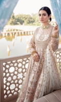 FRONT/ BACK YOKE: 0.75 Meter Net - Embroided  PANNELS: Net - Quantity - 14 - Embroided  FROCK BORDER: 4.5 Meter Organza - Embroided  SLEEVES: 0.75 Meter - Embroided  SLEEVES BORDER: 1 Meter Organza - Embroided  DUPATTA: 2 Meter Net - Embroided  DUPATTA BORDER: 1.25 Meter Jamawar - 2 Sided  DUPATTA BORDER FOUR SIDED: 7.5 Meter Organza - Embroided  TROUSER: 2.5 Meter Jamawar  TROUSER BORDER: 1 Meter - Embroided