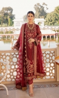FRONT MID PANNEL: 13''- INCHES Crinkle Chiffon - Embroided  FRONT LEFT PANNEL: 13''- INCHES Crinkle Chiffon - Embroided  FRONT RIGHT PANNEL: 13''- INCHES Crinkle Chiffon - Embroided  BACK MID PANNEL:  13'' - INCHES Crinkle Chiffon - Embroided  BACK LEFT PANNEL: 13'' - INCHES Crinkle Chiffon - Embroided  BACK RIGHT PANNEL: 13'' - INCHES Crinkle Chiffon - Embroided  FRONT/ BACK/ SLEEVES BORDER:  OPTION 1: 3 Meter Velvet - Embroided  OPTION 2 : 3 Meter Velvet - Embroided  DUPATTA: 2.5 Meter Net - Embroided  DUPATTA BORDER 4 SIDED: 5 Meter Raw Silk - Embroided  DUPATTA BORDER: 2.5 Meter Velvet - Embroided  TROUSER: 2.5 Meter Jamawar