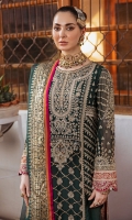 Embroidered chiffon Front center panel: (13 inches) Embroidered chiffon Front side panels: (13 inches) (2 pieces) Side borders: (2 meter) Embroidered chiffon back: (1meter) Embroidered chiffon sleeves: (0.75 yard) Embroidered raw silk border for sleeves: (1 meter) Embroidered Raw silk border for front/back: (2 meter) Embroidered Raw silk border for front/back: (2 meter) Paste printed organza dupatta: (2 yard) Embroidered Raw silk trousers patch:(2 pieces) Raw silk trousers: (2.5 yard) Raw silk trouser border: (1 meter)