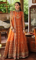 Embroidered net Front body: (1 piece) Embroidered net back body: (1piece) Embroidered net sleeves: (0.75 yard) Embroidered net kali: (14 pieces) Embroidered Raw silk border for front/back: (5 meter) Embroidered raw silk sleeves border: (1 meter) Zari organza dupatta: (2 yard) Embroidered raw silk border for dupatta: (7.5meter) Embroidered organza border for dupatta: (2.5meter) Without trousers