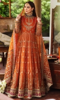 Embroidered net Front body: (1 piece) Embroidered net back body: (1piece) Embroidered net sleeves: (0.75 yard) Embroidered net kali: (14 pieces) Embroidered Raw silk border for front/back: (5 meter) Embroidered raw silk sleeves border: (1 meter) Zari organza dupatta: (2 yard) Embroidered raw silk border for dupatta: (7.5meter) Embroidered organza border for dupatta: (2.5meter) Without trousers