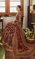 Embroidered net Front body: (1 piece) Embroidered net back body: (1piece) Embroidered net sleeves: (0.75 yard) Embroidered net kali: (14 pieces) Embroidered Raw silk border for front/back: (10 meter) Embroidered raw silk sleeves border: (1 meter) Embroidered net dupatta: (2 yard) Embroidered net two sides border for dupatta: (2.5 yard) Without trousers