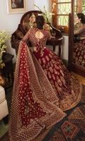 Embroidered net Front body: (1 piece) Embroidered net back body: (1piece) Embroidered net sleeves: (0.75 yard) Embroidered net kali: (14 pieces) Embroidered Raw silk border for front/back: (10 meter) Embroidered raw silk sleeves border: (1 meter) Embroidered net dupatta: (2 yard) Embroidered net two sides border for dupatta: (2.5 yard) Without trousers