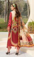 Front: (1 meter) Lawn embroidered Back: (1 meter) Printed lawn Front/Back border: (2 meter) embroidered organza Sleeves: (0.75 yard) Lawn embroidered Sleeves border: (1 meter) embroidered organza Dupatta: (2.5 meter) Printed medium silk Trouser: (2.5 meter) cotton