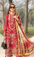 Front: (1 meter) Lawn embroidered Back: (1 meter) Printed lawn Front/Back border: (2 meter) embroidered organza Sleeves: (0.75 yard) Lawn embroidered Sleeves border: (1 meter) embroidered organza Dupatta: (2.5 meter) Printed medium silk Trouser: (2.5 meter) cotton