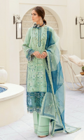 Front: (1meter) Lawn embroidered Back: (1 meter) lawn embroidered Front/Back border: (2 meter) embroidered organza Sleeves: (0.75 meter) Lawn embroidered Sleeves border: (1 meter) embroidered organza Dupatta: (1.25yards) embroidered mint green organza Dupatta: (1.25yards) embroidered zinc organza Trouser: (2.5 meter) cotton
