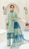 Front: (1meter) Lawn embroidered Back: (1 meter) lawn embroidered Front/Back border: (2 meter) embroidered organza Sleeves: (0.75 meter) Lawn embroidered Sleeves border: (1 meter) embroidered organza Dupatta: (1.25yards) embroidered mint green organza Dupatta: (1.25yards) embroidered zinc organza Trouser: (2.5 meter) cotton