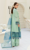 Front: (1meter) Lawn embroidered Back: (1 meter) lawn embroidered Front/Back border: (2 meter) embroidered organza Sleeves: (0.75 meter) Lawn embroidered Sleeves border: (1 meter) embroidered organza Dupatta: (1.25yards) embroidered mint green organza Dupatta: (1.25yards) embroidered zinc organza Trouser: (2.5 meter) cotton