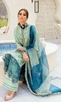 Front: (1meter) Lawn embroidered Back: (1 meter) lawn embroidered Front/Back border: (2 meter) embroidered organza Sleeves: (0.75 meter) Lawn embroidered Sleeves border: (1 meter) embroidered organza Dupatta: (1.25yards) embroidered mint green organza Dupatta: (1.25yards) embroidered zinc organza Trouser: (2.5 meter) cotton