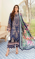 Front: (1 meter) Lawn embroidered Front Patch: (1 meter) embroidered organza Back: (1.5 yard)) lawn embroidered Front/Back border: (2 meter) embroidered organza Sleeves: (0.75 yard) Lawn embroidered Sleeves patch: (1 meter) embroidered organza Sleeves border: (1 meter) embroidered organza Dupatta: (2.5 meter) Printed medium silk Trouser: (2.5 meter) cotton