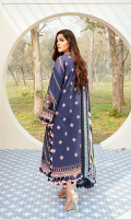 Front: (1 meter) Lawn embroidered Front Patch: (1 meter) embroidered organza Back: (1.5 yard)) lawn embroidered Front/Back border: (2 meter) embroidered organza Sleeves: (0.75 yard) Lawn embroidered Sleeves patch: (1 meter) embroidered organza Sleeves border: (1 meter) embroidered organza Dupatta: (2.5 meter) Printed medium silk Trouser: (2.5 meter) cotton