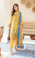 Front: (13inches) Lawn embroidered  Side Kalli:( 13inches) two pieces Lawn embroidered  Back: (1 meter meter) lawn embroidered  Front/Back border: (2 meter) embroidered organza  Sleeves: (0.75 yard) Lawn embroidered  Sleeves border: (1 meter) embroidered organza  Dupatta: (2.5 meter) Printed medium silk  Trouser: (2.5 meter) cotton