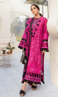 Front: (1meter) Lawn embroidered Back: (1.25yard) lawn embroidered Front/Back border: (2 meter) embroidered silk Neckline: 1 piece embroidered silk Sleeves: (0.75 yard) Lawn embroidered Sleeves border: (1 meter) embroidered silk Dupatta: (2.5 meter) embroidered crinkle chiffon Trouser: (2.5 meter) cotton