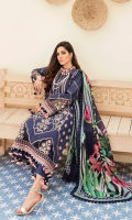 Front: (1 meter) Lawn embroidered Front Patch: (1 meter) embroidered organza Back: (1.5 yard)) lawn embroidered Front/Back border: (2 meter) embroidered organza Sleeves: (0.75 yard) Lawn embroidered Sleeves patch: (1 meter) embroidered organza Sleeves border: (1 meter) embroidered organza Dupatta: (2.5 meter) Printed medium silk Trouser: (2.5 meter) cotton