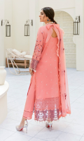 Front: (1 meter) Lawn embroidered Back: (1.25 yard) Lawn embroidered 1: Front/Back border: (2 meter) embroidered organza 2: Front /Back border: (2 meter) embroidered organza Sleeves: (0.75 yard) Lawn embroidered Sleeves border: (1 meter) embroidered organza Dupatta: (2.5 yard) embroidered crinkle chiffon Trouser: (2.5 meter) cotton