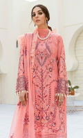 Front: (1 meter) Lawn embroidered Back: (1.25 yard) Lawn embroidered 1: Front/Back border: (2 meter) embroidered organza 2: Front /Back border: (2 meter) embroidered organza Sleeves: (0.75 yard) Lawn embroidered Sleeves border: (1 meter) embroidered organza Dupatta: (2.5 yard) embroidered crinkle chiffon Trouser: (2.5 meter) cotton
