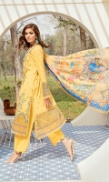 Front: (13inches) Lawn embroidered  Side Kalli:( 13inches) two pieces Lawn embroidered  Back: (1 meter meter) lawn embroidered  Front/Back border: (2 meter) embroidered organza  Sleeves: (0.75 yard) Lawn embroidered  Sleeves border: (1 meter) embroidered organza  Dupatta: (2.5 meter) Printed medium silk  Trouser: (2.5 meter) cotton