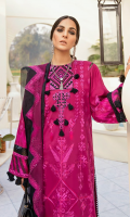Front: (1meter) Lawn embroidered Back: (1.25yard) lawn embroidered Front/Back border: (2 meter) embroidered silk Neckline: 1 piece embroidered silk Sleeves: (0.75 yard) Lawn embroidered Sleeves border: (1 meter) embroidered silk Dupatta: (2.5 meter) embroidered crinkle chiffon Trouser: (2.5 meter) cotton