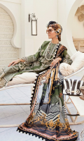 Front: (1 meter) Lawn embroidered Back: (1 meter) Printed lawn Front/Back border: (2 meter) embroidered organza Sleeves: (0.75 yard) Lawn embroidered Sleeves border: (1 meter) embroidered organza Dupatta: (2.5 meter) Printed medium silk Trouser: (2.5 meter) cotton