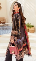 Front: (26 inches) Lawn embroidered Front kalli: (6.5inches) two pieces Back: (1 meter) Printed lawn 1: Front/Back border: (2 meter) embroidered organza 2: Front /Back border: (2 meter) embroidered organza Sleeves: (0.75 yard) Lawn embroidered Sleeves border: (1 meter) embroidered organza Dupatta: (2.5 meter) Printed medium silk Trouser: (2.5 meter) cotton