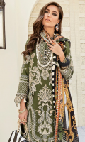 Front: (1 meter) Lawn embroidered Back: (1 meter) Printed lawn Front/Back border: (2 meter) embroidered organza Sleeves: (0.75 yard) Lawn embroidered Sleeves border: (1 meter) embroidered organza Dupatta: (2.5 meter) Printed medium silk Trouser: (2.5 meter) cotton