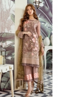Embroidered chiffon front: 1 yard Embroidered Organza border for back: 1 yard Embroidered chiffon for back: 1 yard Embroidered chiffon for sleeves: 0.75 yard Embroidered Organza border for sleeves: 1 yard Embroidered Net for dupatta: 2.75 yard Embroidered trouser patch: 1 yard Trousers: 2.50 yard