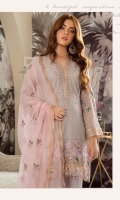 Embroidered chiffon for front: 1 yard Embroidered chiffon for back: 1 yard Embroidered chiffon for sleeves: 0.75 yards Embroidered border patch for back & front: 2 yard Embroidered patch for sleeves: 1 yard Embroidered Chiffon dupatta: 2.75 yards Embroidered patch for sleeves: 1 yard Trousers: 2.5 yards