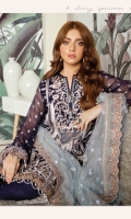 Embroidered chiffon for front center panel: 13 inch Embroidered chiffon for side panels: 2 pcs Embroidered chiffon for back: 1 yard Embroidered chiffon for sleeves: 0.75 yard Embroidered Organza border for sleeves: 1 yard Embroidered Net for dupatta: 2.75 yard Embroidered trouser patch: 1 yard Trousers: 2.50 yard Embroidered border patch for back: 1 yard