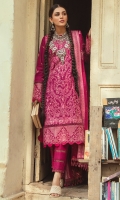 Embroidered Khaddar Front (1 Meter) Plain khaddar Back (1 Meter) Embroidered Khaddar Sleeves (0.66 Meter) Embroidered Organza Fronts + Sleeves Border (2 Meter) Embroidered wool DUPATTA (2.5 yards) Khaddar Trousers (2.5 Yards)