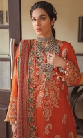 Embroidered Khaddar Front (1 Meter) Plain khaddar Back (1 Meter) Embroidered Khaddar Sleeves (0.66 Meter) Embroidered Organza FRONT Border (1 Meters) Embroidered Organza BACK+ Sleeves Borders (2 Meters) Printed wool DUPATTA (3 Meters) Khaddar Trousers (2.5 Yards)