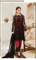Embroidered Net for front: 1 yard  Embroidered organza border for front: 1 yard  Embroidered net for back: 1 yard  Embroidered organza border for back & trousers: 2 yards  Embroidered net for sleeves: 0.75 yards  Embroidered organza 2 inches border for sleeves: 1 yard  Embroidered net for dupatta: 2.75 yards  Raw silk for trousers: 2.50 yards