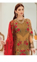 Embroidered chiffon for front: 1 yard  Embroidered organza border for front: 1pcs  Embroidered chiffon for back: 1 yard  Embroidered organza border for back: 1 yard  Embroidered chiffon for sleeves: 0.75 yard  Embroidered organza border for sleeves & trousers: 2.50 yards  Embroidered chiffon for dupatta: 2.75 yards  Raw silk for trousers: 2.50 yards