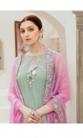 Embroidered chiffon for front: 1 yard  Embroidered chiffon for back: 1 yard  Embroidered organza border for front & trousers: 2 yards  Embroidered organza border for front & back: 2 yards  Plain chiffon for sleeves: 0.75 yard  Embroidered organza border for front & sleeves: 2 yards  Embroidered chiffon for dupatta: 2.75 yards  Raw silk for trousers: 2.50 yards
