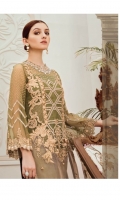Embroidered chiffon with stone embellishment for front: 1 yard  Organza with pearls embellishment for front: 1 yard  Embroidered organza border for front: 1 yard  Embroidered chiffon for back: 1 yard  Embroidered organza border for back: 1 yard  Embroidered chiffon for sleeves: 0.75 yard  Embroidered net for dupatta: 2.75 yards  Raw silk for trousers: 2.50 yards  Embroidered organza border for trousers: 2.50 yards