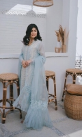 Indulge in '' Marilla '' Dip dyed pure ice blue cotton net with delicate ivory embroidery. Paired with a matching dupatta and silk trousers. This three piece is timeless and elegant, perfect for luncheons or close GT's.