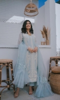 Indulge in '' Marilla '' Dip dyed pure ice blue cotton net with delicate ivory embroidery. Paired with a matching dupatta and silk trousers. This three piece is timeless and elegant, perfect for luncheons or close GT's.