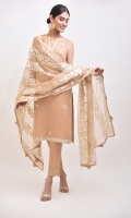 A rich tone of deep beige cotton net with hand sheesha work, paired with a delicate embroidered dupatta and matching raw silk trousers, revamp your wardrobe with this gorgeous three piece.