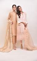 A rich tone of deep beige cotton net with hand sheesha work, paired with a delicate embroidered dupatta and matching raw silk trousers, revamp your wardrobe with this gorgeous three piece.