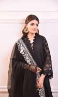 Indulge in '' Atfah '' Dip dyed pure black cotton net with delicate black embroidery. Paired with an embroidered monochrome pure organza dupatta. This two piece is timeless and elegant, perfect for luncheons or close GT's.