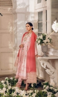 dorned on pure teapink embossed net with pretty feminine embroidery, featuring 3D gulab alongside pearl ( floral ) phool boti on front and back. The damaan is adorned with frill and scallop lace. Paired with two tone pure organza dupatta in coral pink&teapink and matching lacey trousers.