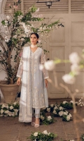One of our most sought after looks, flowy silhouette with offwhite hand ari workmanship on a pastel ice blue tone in pure organza. Paired with matching raw silk lacey trousers and floral ari embroidered ( pure organza ) dupatta. This versatile look can be worn for luncheons or intimate gatherings.