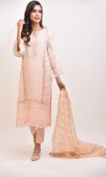 Turn heads in this delicate three piece on powder pink. Adorned on pure cotton net, with sheesha handwork with lace work, paired with straight trousers and a fully embroidered pure organza dupatta. A versatile look for festivities. Parts Included Shirt with slip Dupatta Trousers