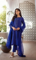 One of our most sought after looks, pure cotton silk with hand ari workmanship on a rich tone of midnight blue. Paired with matching raw embroidered cotton silk trousers and a classic pure crinkle chiffon dupatta. This versatile look can be worn for luncheons or intimate gatherings.