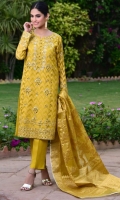 Canvassed on pure embossed hand woven net in marigold yellow. This relaxed silhouette is delicately hand embellished with a blend of sheesha, dabka and gotah.  Paired with a zari dupatta alongside straight silk trousers for sheer elegance. Turn heads in this beautiful three-piece at your festive events.