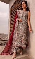 EMBROIDERED CHIFFON FRONT EMBROIDERED CHIFFON BACK EMBROIDERED ORGANZA FRONT AND BACK HEM (BORDER) EMBROIDERED CHIFFON SLEEVES EMBROIDRED ORGANZA SLEEVES PATCH RAW SILK PANTS EMBROIDERED CHIFFON DUPATTA